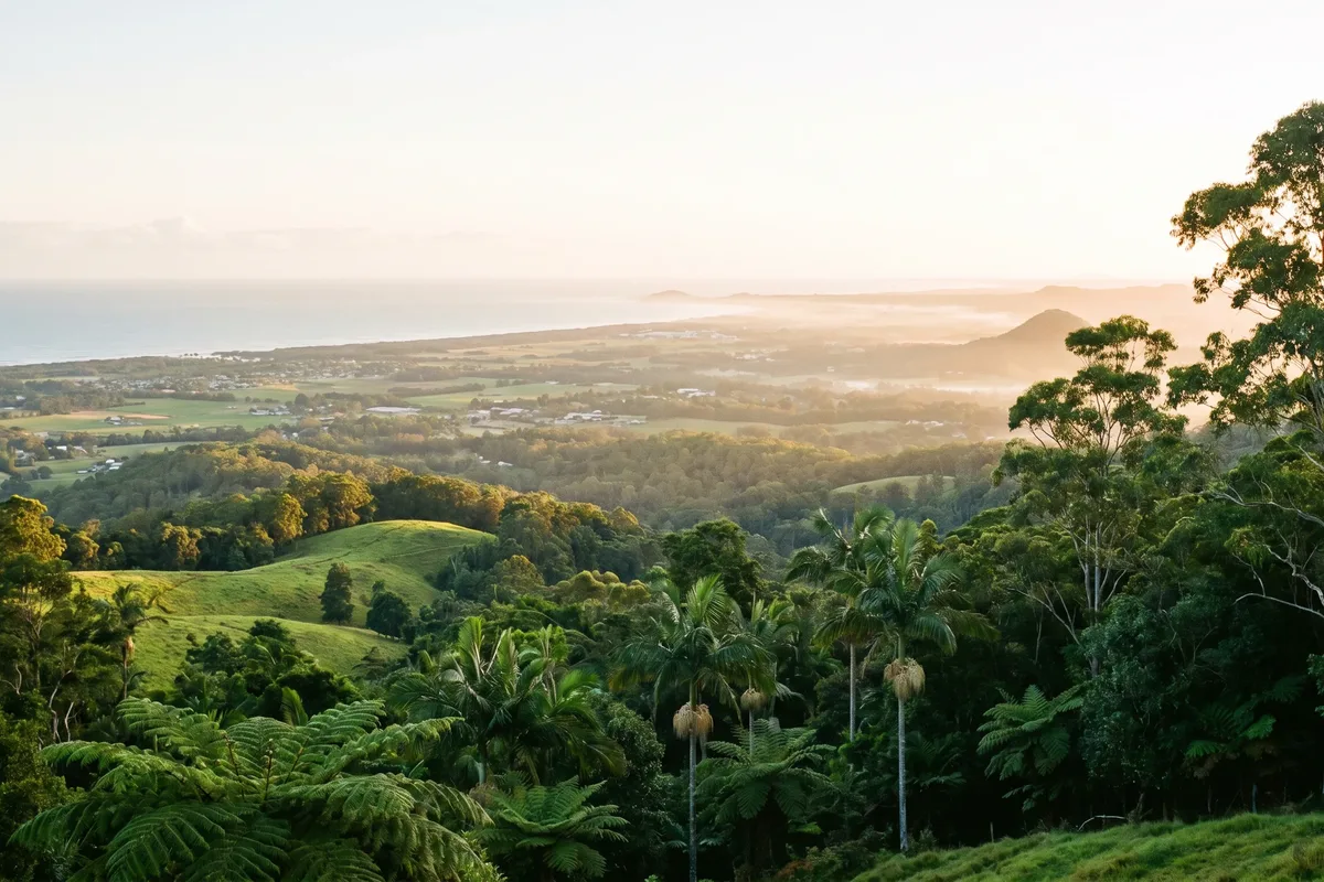 Sunshine Coast hinterland view — green hills with the coastal plain and ocean behind